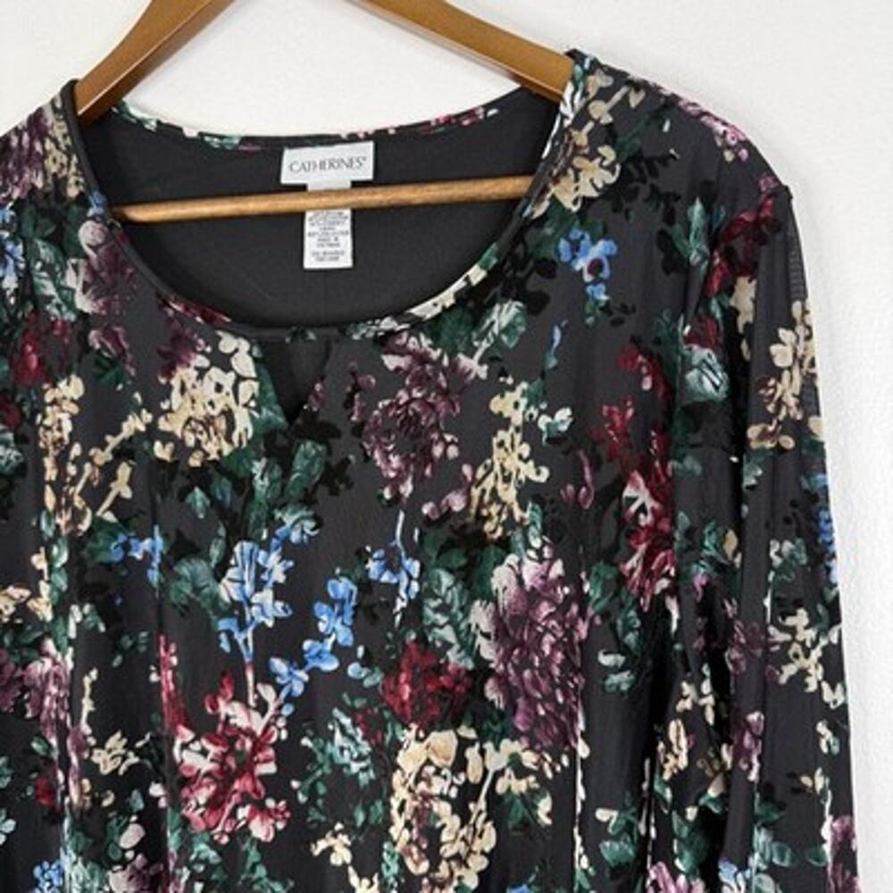 Catherines Floral Velvet Top 1X Plus Black Botanical 3/4 Sleeve Tunic Blouse
